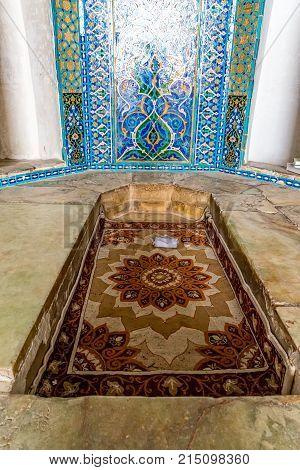 Old and traditional decoration on the facade of the Yame mosque in old city Yazd in Iran.