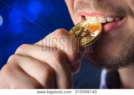 coin bitcoin cryptocurrency hold hand blured male