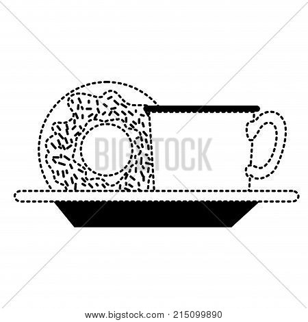 coffee cup and donut on dish in black dotted silhouette on white background vector illustration
