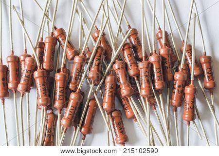 Resistors Of Massive Coal Type Seen With Various Color Bands.