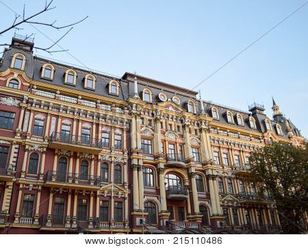 A beautiful old brown-yellow old building in the center of the city. Kiev. Ukraine.