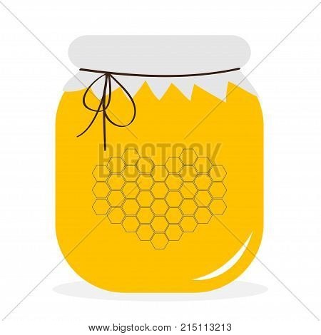 Honey jar pot icon. Honeycomb set in shape of heart logo. Beehive element. Paper top and bow. Yellow healthy food. Isolated. White background. Flat design. Vector illustration