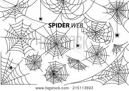 Spider web collection of vector illustrations with inscription isolated on white background. Black silhouettes of small multi-legged arthropods hanging