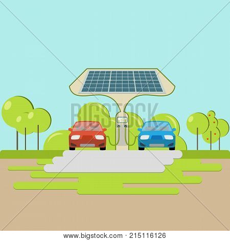 Electric car charging station. Plug-in vehicle getting energy from battery supply.