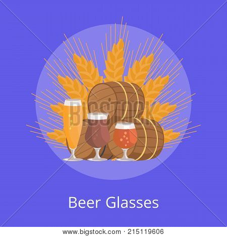 Beer glasses degustation vector illustration on blue background. Wooden barrels and three beers, draught pale and dark on ears of wheat in circle