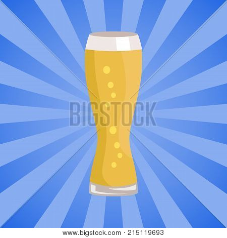 Weizen glass of beer isolated on abstract background with rays vector. Glassware of light alcohol drink with bubbles, symbol of Oktoberfest festival