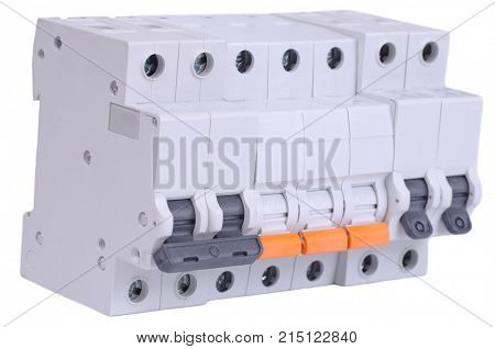 Various miniature circuit breakers on white background.