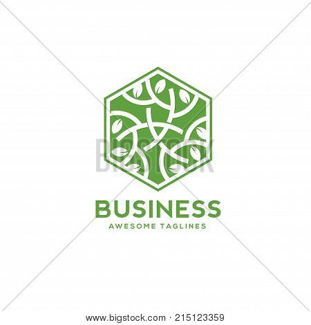 architectural or environmental company in a shape of green arch hexagon with green leaves Sign to buy windows or doors from natural materials, green leaf decorative hexagon