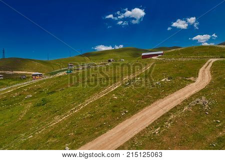 Challenging mountain unpaved road Akhaltsikhe-Batumi and Rural mountain landscapes of Georgian Adjara region near village of Khulo