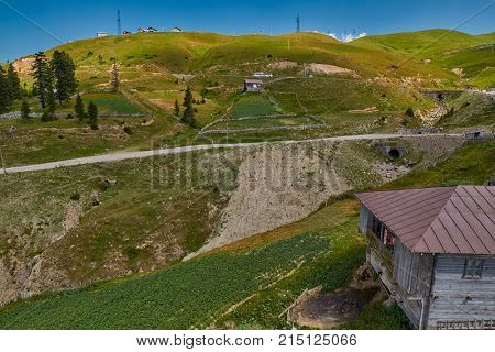 Challenging mountain unpaved road Akhaltsikhe-Batumi and Rural mountain landscapes of Georgian Adjara region near village of Khulo