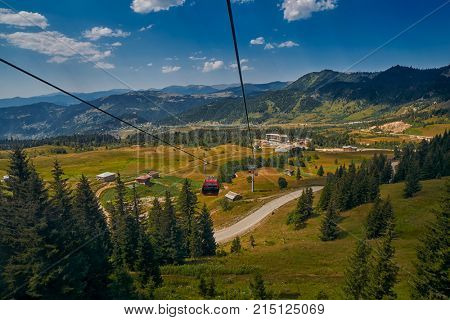 Newly-built modern Goderdzi Cable Car and Rural mountain landscapes of Georgian Adjara region near village of Khulo