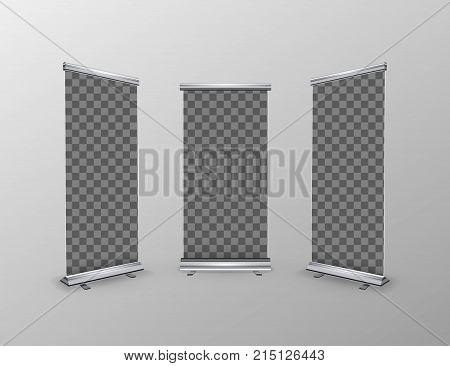 Three blank realistic roll-up banner with transparent place for advertise poster