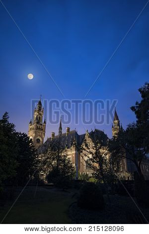 Fullmoon Lights Cast On A Creepy Castle In The Middle Of The Dark Forest