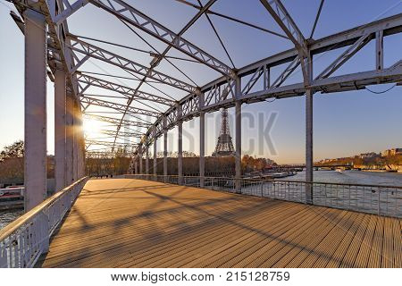 Sunrise On The Debilly, Pedestrian Bridge Over The Seine River, Int Paris
