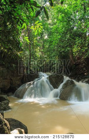 Erawan waterfall in the rainy season with turbid water Kanchanaburi Province Thailand.