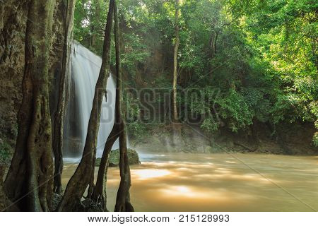Erawan waterfall in the rainy season with turbid water Kanchanaburi Province Thailand.