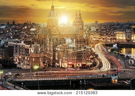 View Of The Saint Nicolas Basilica At Night Amsterdam