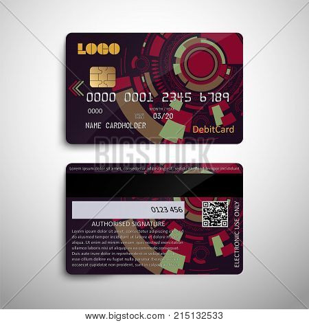 Realistic detailed credit debit card with abstract geometric design isolated on white background. for use in financial and banking design. Front and back of the card. Vector illustration EPS10