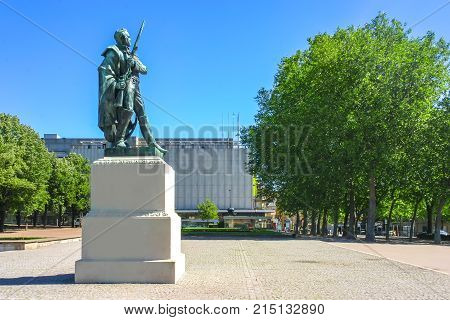 Memorial of Marshal Ney hero of the French Empire standing on the high stand under a bright and sunny blue sky in Metz France