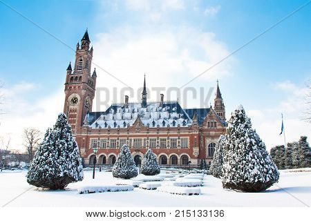 Winter falls on the Peace Palace at The Hague Netherlands