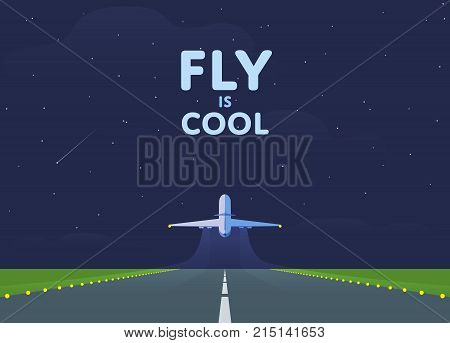 Airplane in the sky runway and take-off plane. Starry night sky. Vector illustration.