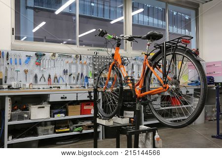 Vicenza, Vi, Italy - January 1, 2017: Mechanical Workshop For Bicycle Repairs In The Headquarters Of