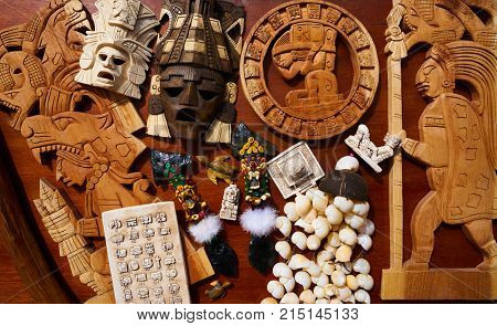 Mayan mexican handcrafts souvenirs carved wood mix