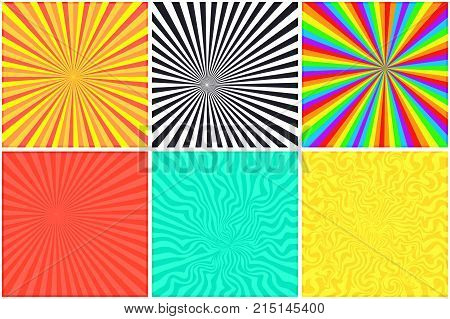 Abstract bright color retro striped backgrounds set for retro comic bubble. Rainbow monochrome psychedelic sunny retro strip mockup for comics book text speech bubble message