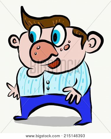 Cartoon man with shirt and blue pants and also a red nose and brown hair