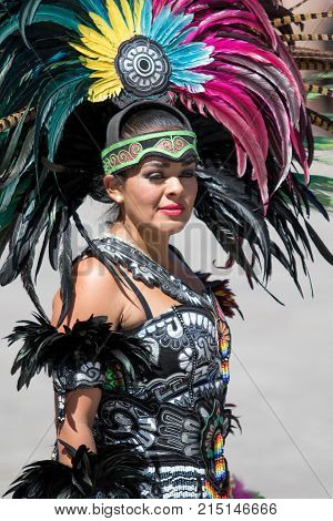 March 6, 2016 San Miguel de Allende Mexico: indigenous woman dressed in traditional costume at the Senior de la Conquista celebration