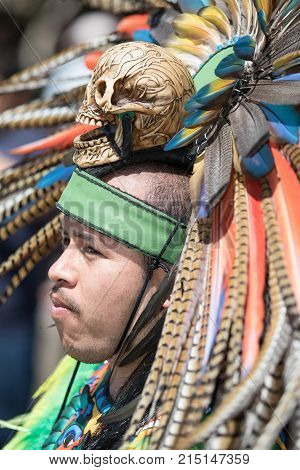 March 6, 2016 San Miguel de Allende Mexico: profile of an indigenous man wearing traditional head dress at the Senior de la Conquista dance celebration