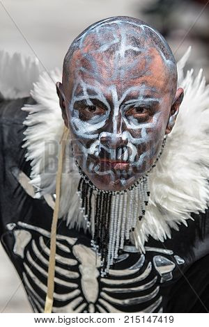 March 6 2016 San Miguel de Allende Mexico: mn with face painted at the Senior de la Conquista festival outdoor dance celebration