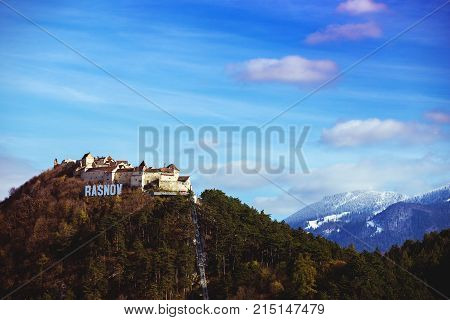 RASNOV ROMANIA NOVEMBER 2 2017: view of the Rasnov Castle. Rasnov ROMANIA November 2 2017