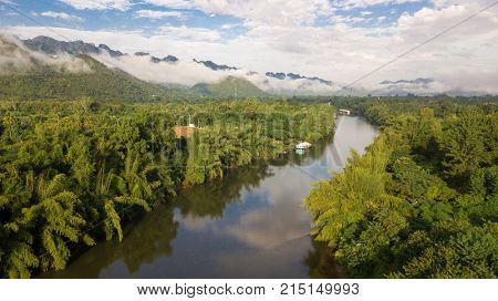 Aerial view of the Kwai Noi tropical river in Kanchanaburi, Thailand