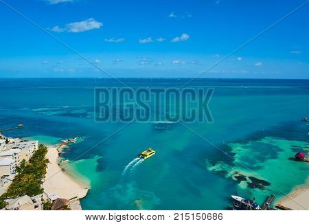 Cancun aerial view of Hotel Zone in Playa Linda at Mexico