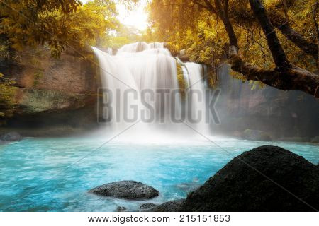 Amazing beautiful waterfalls in tropical forest at Haew Suwat Waterfall in Khao Yai National Park Nakhonratchasima Thailand