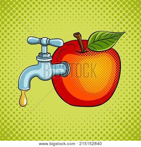 Apple fruit with tap pop art retro vector illustration. Juice metaphor. Comic book style imitation.