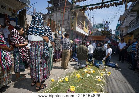 March 27, 2016 San Pedro la Laguna, Guatemala: a float is being carried through the street of the Mayan town during Easter procession