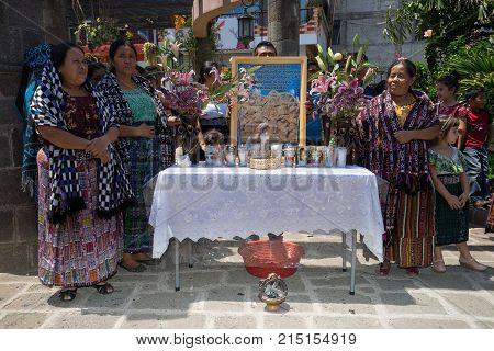 March 27,2016 San Pedro la Laguna, Guatemala: praying station set up during Easter procession on the street of the town