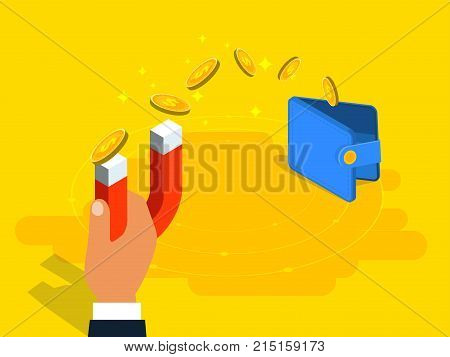 Money Transfer From Wallet To Magnet In Isometric Vector Design. Accumulation, Earning Or Making Mon