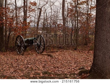 A Civil War cannon in the fall at Gettysburg