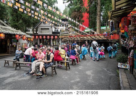Xitou Taiwan - November 14 2017: Many tourists walk around Xitou Monster Village the Japanese style village in Xitou Taiwan