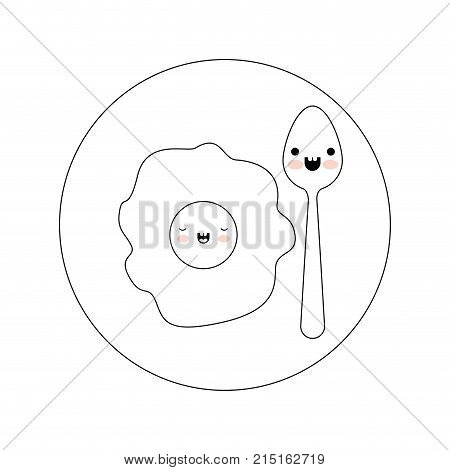 kawaii fried egg and spoon on dish in monochrome silhouette on white background vector illustration