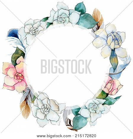 Wildflower gardenia flower wreath in a watercolor style. Full name of the plant: gardenia . Aquarelle wild flower for background, texture, wrapper pattern, frame or border.