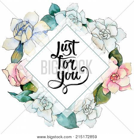 Wildflower gardenia flower wreath in a watercolor style. Full name of the plant: gardenia . Aquarelle wild flower for background, texture, wrapper pattern, frame or border.