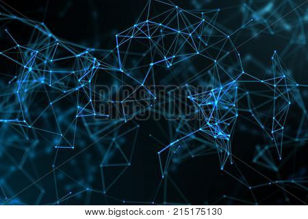 abstract blue geometrical plexus on black background with lines and dots