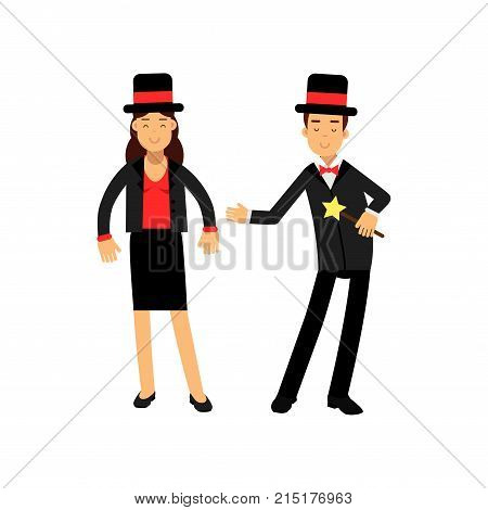 Magician with magic wand and his female assistant in elegant black suit and top hat, circus performers vector Illustration isolated on a white background