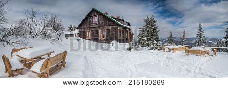 Panorama Of The Winter Landscape In The Mountains.