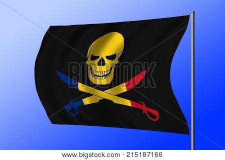 Waving black pirate flag with the image of Jolly Roger with cutlasses combined with colors of the Romanian flag