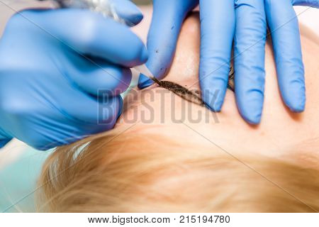 Cosmetologist applying permanent make up on eyebrows. Beautiful woman with smooth young skin sitting in a beautician. A beautician performs modeling permanent eyebrows makings.